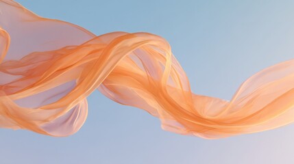 Soft orange and pink fabric floating gracefully in air against light blue background, delicate folds and smooth drapery creating abstract elegant flowing textile art.