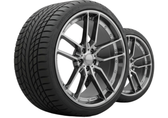 Sleek silver alloy rims with black tires highlighted against a transparent background
