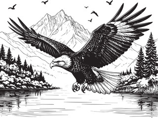 Eagle flying over a lake vector black and white illustration