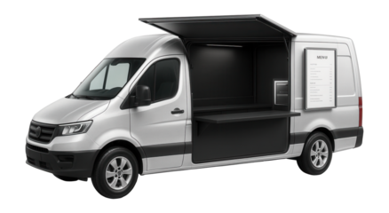Cargo van with pop-up coffee counter and menu display panel