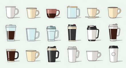 Various Coffee and Tea Cups and Tumblers in Flat Design Style