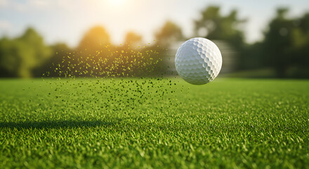 The Golf Ball in Mid-Air: A golf ball soaring gracefully against the backdrop of a sunlit fairway, particles of grass and earth suspended mid-flight, symbolizing precision.