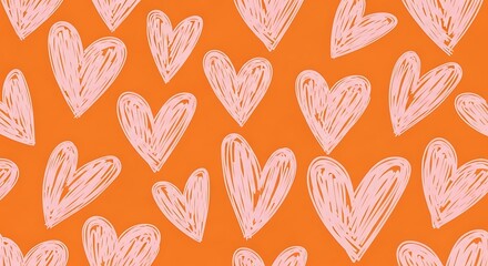 Whimsical hand-painted hearts pattern with vibrant orange background for romantic designs