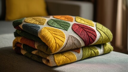 cozy sofa with multicolored autumn leaves blanket in warm tones