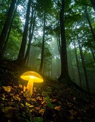 Illuminated mushroom in a misty forest