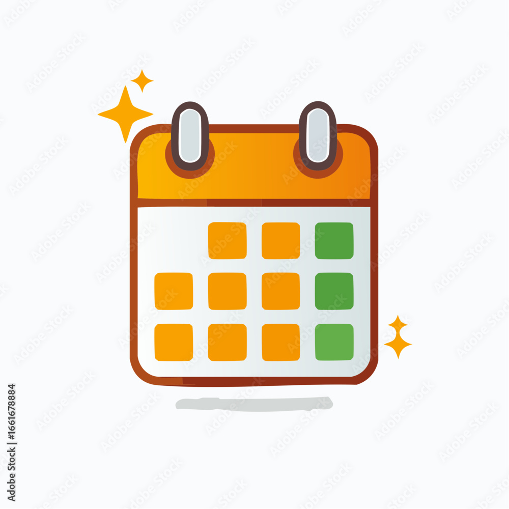 Poster vibrant cartoon calendar icon with highlighted days and sparkling details for scheduling and importa