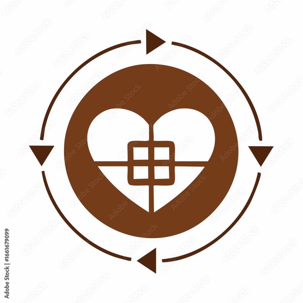 Poster heart with square grid and circular arrows cycle icon in brown monochrome