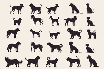 Obraz premium Cute Dogs Set, Pet Animal Symbols, Hand Drawn Puppy Icons Silhouettes, Funny Dog Character