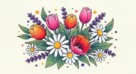 Vibrant Floral Arrangement with Tulips, Daisies, Lavender, and Playful Polka Dots