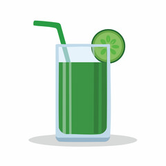 Refreshing green cucumber juice with a straw and slice in a tall glass