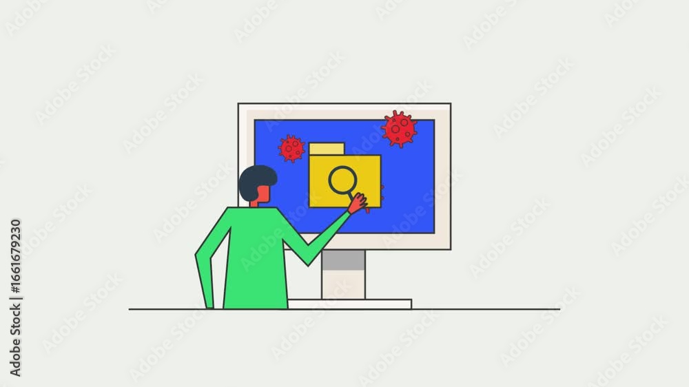 Aufkleber man inspect digital folder with a magnifier on computer screen, triggering multiple virus alert and 