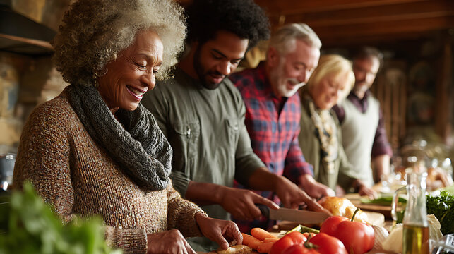 Family members of diverse ethnicities preparing a Thanksgiving meal together in a cozy kitchen filled with fall spices and fresh vegetables under natural light, a heart - warming moment.
