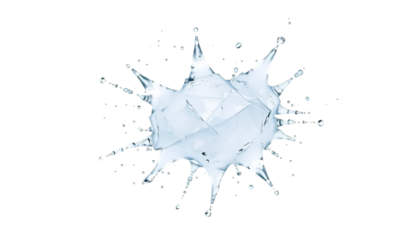 A high-resolution PNG of a realistic water splash explosion frozen in motion on a white background. Droplets flying outward with sharp clarity.