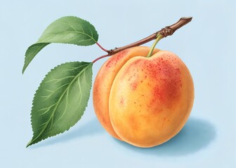 Fresh Apricot on Branch with Green Leaves on Blue Background