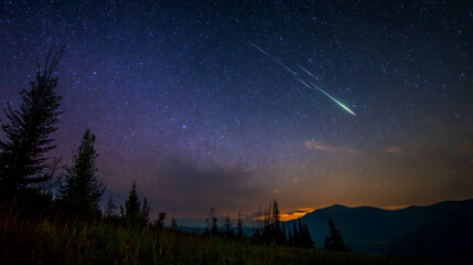 Under the vast night sky, a brilliant meteor shower cascades above the mountain top, crisp air and silence enhancing nature&rsquo;s breathtaking celestial spectacle.
