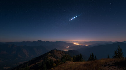 Under the vast night sky, a brilliant meteor shower cascades above the mountain top, crisp air and silence enhancing nature&rsquo;s breathtaking celestial spectacle.
