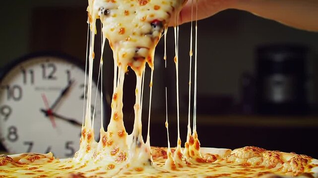 Melted cheese being pulled from pizza slice in kitchen with clock on wall, perfect for pizza promotion advertising with gooey mozzarella texture