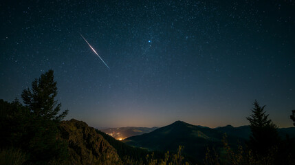 Under the vast night sky, a brilliant meteor shower cascades above the mountain top, crisp air and silence enhancing nature&rsquo;s breathtaking celestial spectacle.