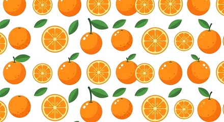 Vibrant Orange Fruit Pattern with Slices, Leaves, and White Background