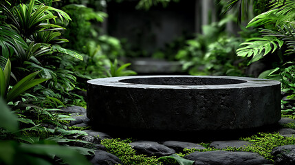 Large circular stone structure is situated in lush green jungle environment, surrounded by dense tropical plants and moss covered rocks, creating serene and natural atmosphere