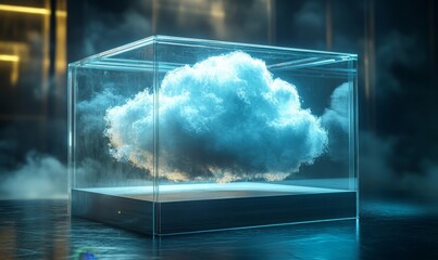 Innovative cloud management concept, depicted by a glass box containing an abstract cloud. The image symbolizes the future of data storage, server management, and the digital, Generative AI