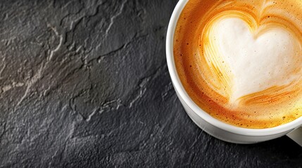 Minimalist Heart Latte Art Coffee Top View Black Background Focus Foam Texture
