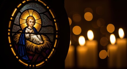 Stained glass window showing baby Jesus in manger, with candlelight and bokeh. Christian and catholic Christmas scene.