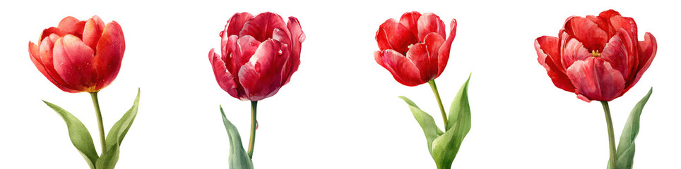 Elegant Red Tulips with Water Droplets Watercolor Illustration PNG Set Transparent Background