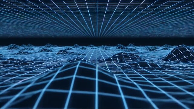 A futuristic digital landscape rendered with a glowing blue grid pattern extending into the distance.