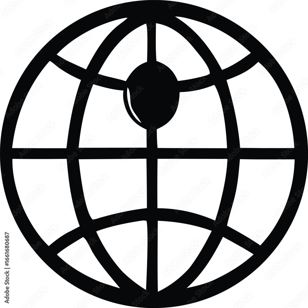 Poster symbol of a stylized globe with intersecting lines and a central dark oval shape representing intern