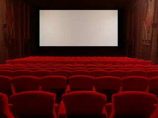 A classic movie theater with red velvet seats and a widescreen screen creates an immersive movie-watching experience.