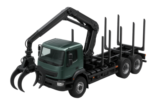 Timber lorry featuring a hydraulic crane and claw attachment