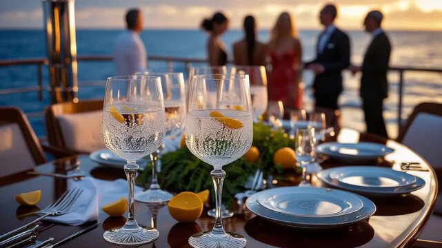 Elegant dinner table with wine glasses, citrus fruits, and plates on luxury yacht deck at sunset with people socializing near ocean view