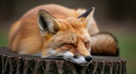 Obraz premium International coffee day a closeup portrait of a red fox sleeping peacefully on a tree stump in a natural setting