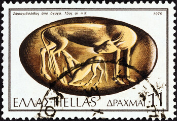 Cow feeding calf, onyx, 15th century BC. Ancient Sealing-stones (Greece 1976)