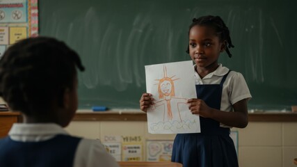 Young african american girl holds up a drawing of Jesus in front of her classmate during a religion lesson at school.