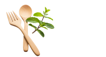 Minimalist Flatlay of Wooden Fork and Spoon with Organic Mint Sprigs on transparent background PNG