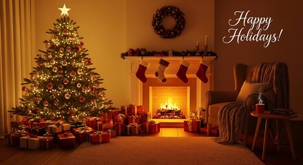Warm Festive Holiday Living Room with Decorated Tree and Fireplace