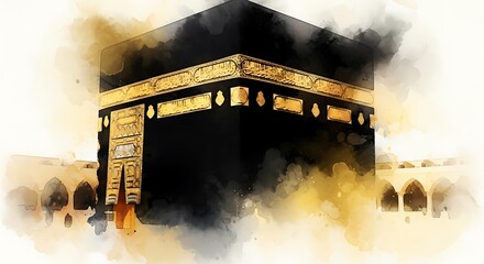 Watercolor depiction of the Holy Kaaba in Mecca, Saudi Arabia, with golden accents and soft, diffused lighting.