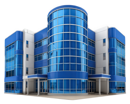 Modern office building with blue glass windows, contemporary architecture, and business district setting, reflecting professional and corporate atmosphere