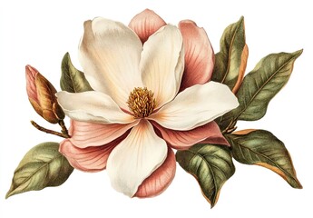 Vintage illustration of an blooming magnolia flower, its petals painted in soft pinks and whites 