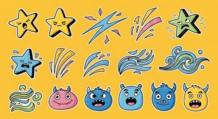 Whimsical Cartoon Creatures and Stars Expressing Various Emotions on Yellow Background