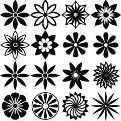 Diverse collection of floral motifs and starburst designs in black and white geometric patterns for decorative applications