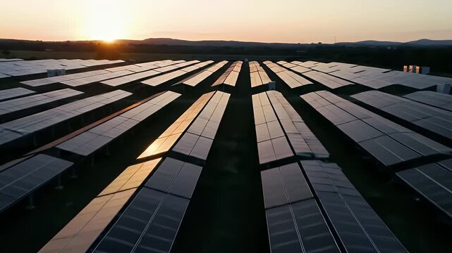 An aerial view of a large solar farm at sunset, with rows of photovoltaic panels reflecting the golden light of the setting sun across a wide, open landscape.
