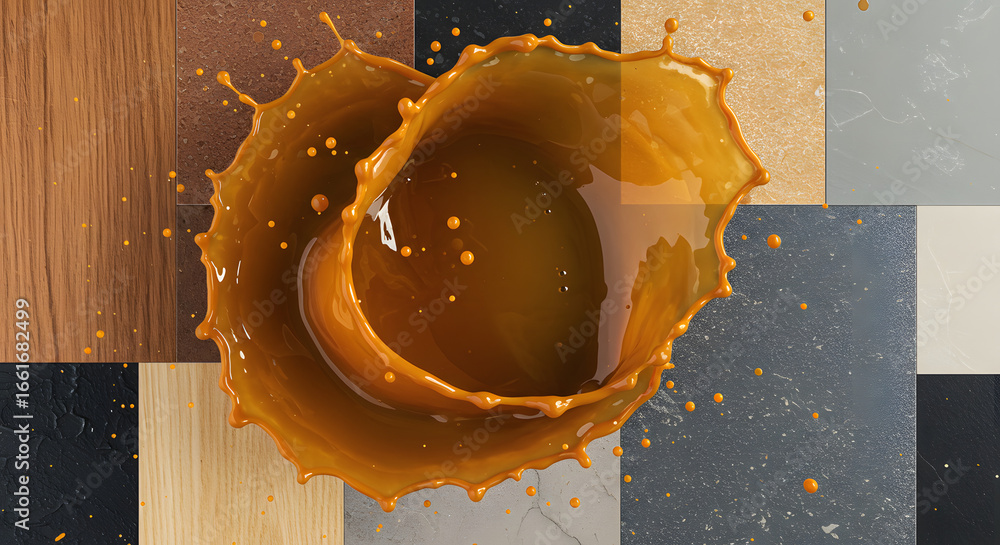 Poster liquid cascade on textures: a dynamic, high-angle view captures the moment of impact as a fluid casc