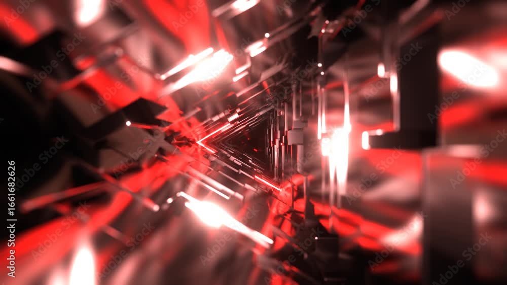 Poster dynamic abstract journey through a digital tunnel with red light streaks and geometric shapes, creat