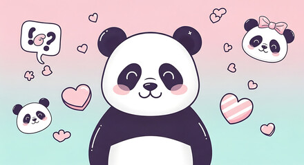 Cartoon pandas and hearts on a gradient background