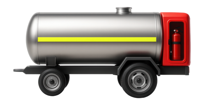 Gas tanker with integrated fire extinguisher cabinet and high-visibility markings