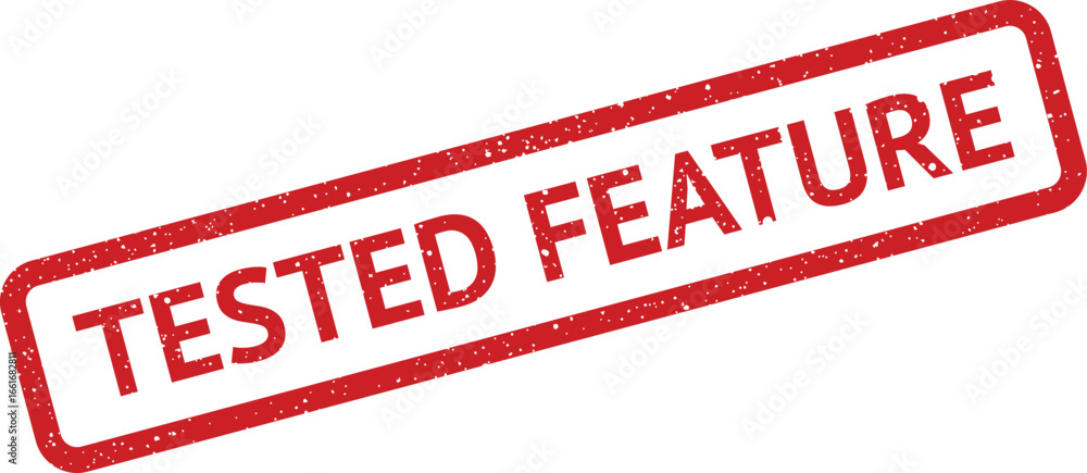 Poster rubber stamp with tested feature text and speckled surface texture for product validation