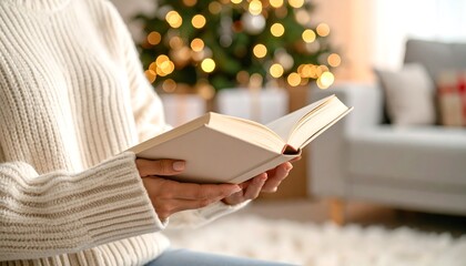 Woman reading book christmas background